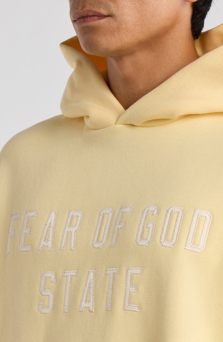 Fear of God Essentials '90s Fit Fleece Logo Hoodie, Alternate, color, Garden Yellow
