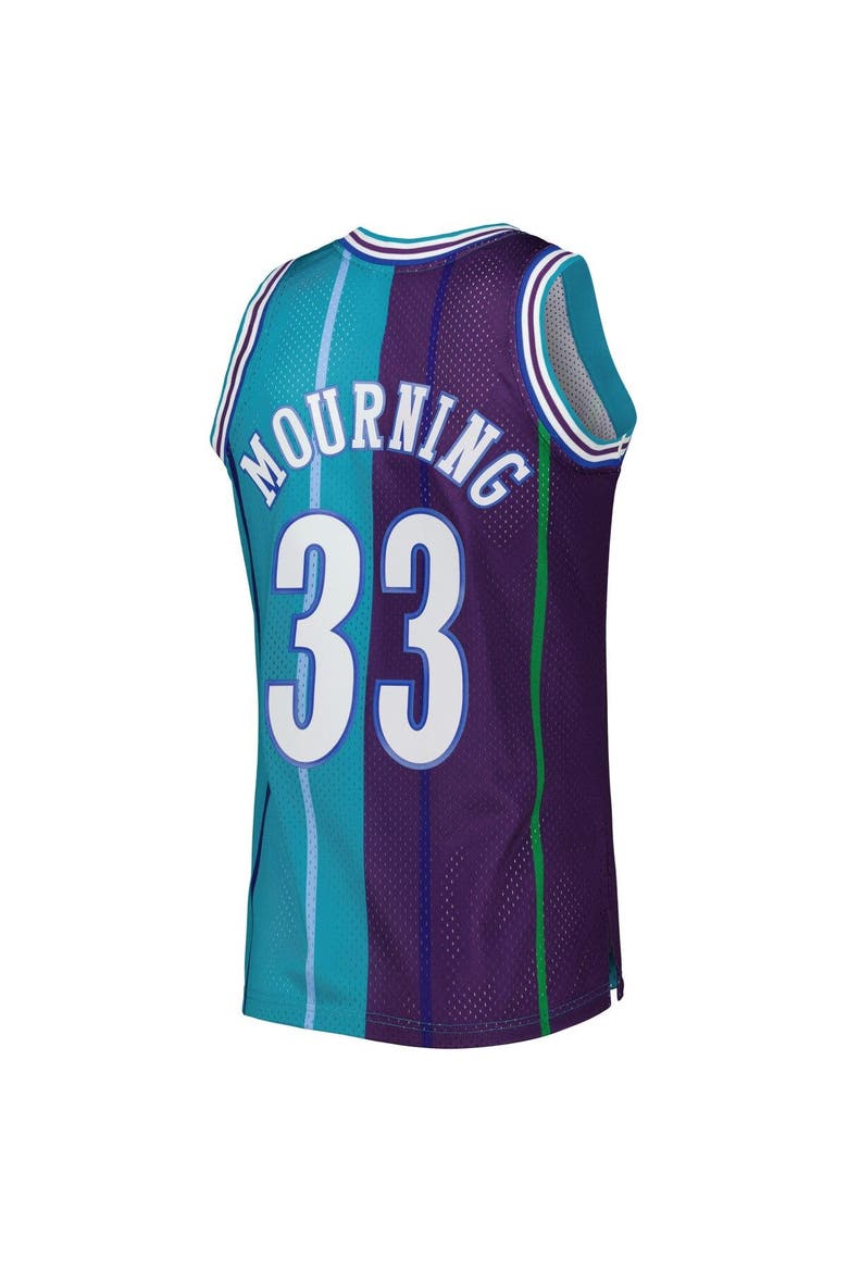 Men's Mitchell & Ness Alonzo Mourning Teal/Purple Charlotte Hornets Hardwood Classics 1992/93 Split Swingman Jersey, Alternate, color, Teal
