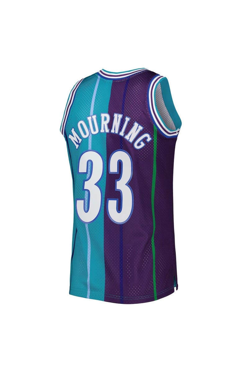 Mitchell & Ness Men's Mitchell & Ness Alonzo Mourning Teal/Purple Charlotte Hornets Hardwood Classics 1992/93 Split Swingman Jersey, Alternate, color, 