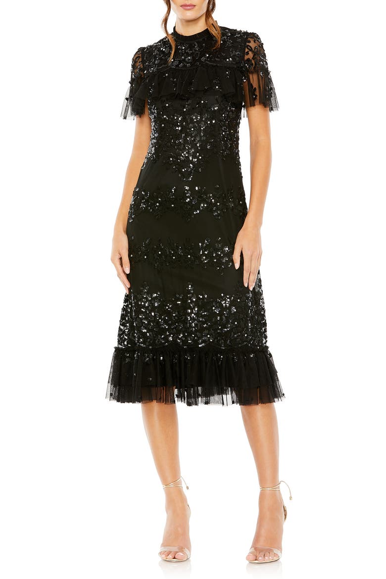 high neck ruffle midi dress Women's Petite Lace High Neck Ruffle Midi Dress, Peach