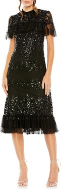 Mac Duggal Women's Sequined High Neck Ruffled Flutter Sleeve Midi Dress
