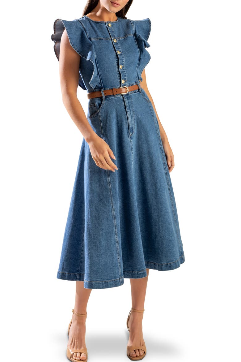 Belted Denim Midi Dress, Main, color, INDIGO DENIM