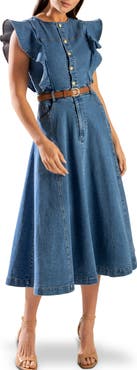 FREEMARKET Belted Denim Midi Dress