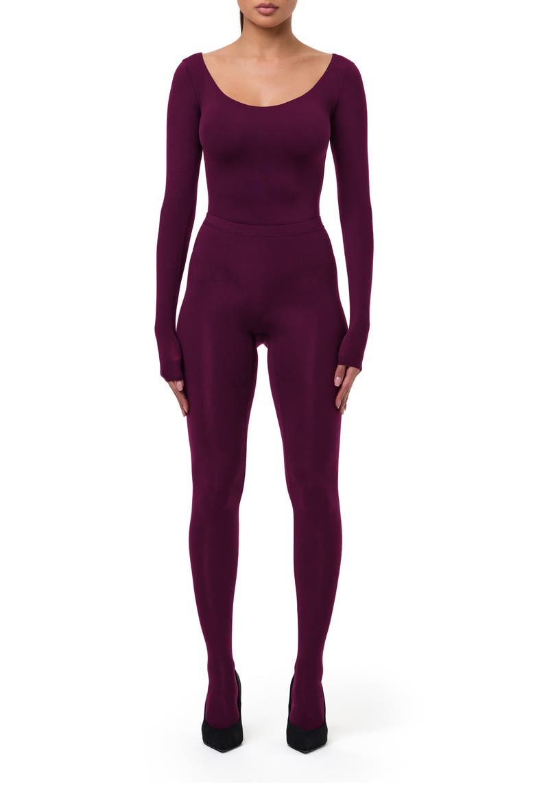 Naked Scoop Neck Long Sleeve Bodysuit, Alternate, color, DARK PLUM