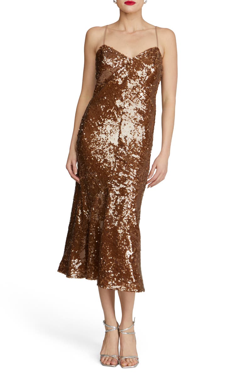 HALSTON Yvonne Sequin Sleeveless Midi Dress, Main, color, Tobacco Bronze