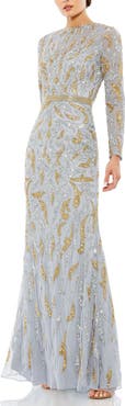 Mac Duggal Abstract Beaded Long Sleeve Evening Gown