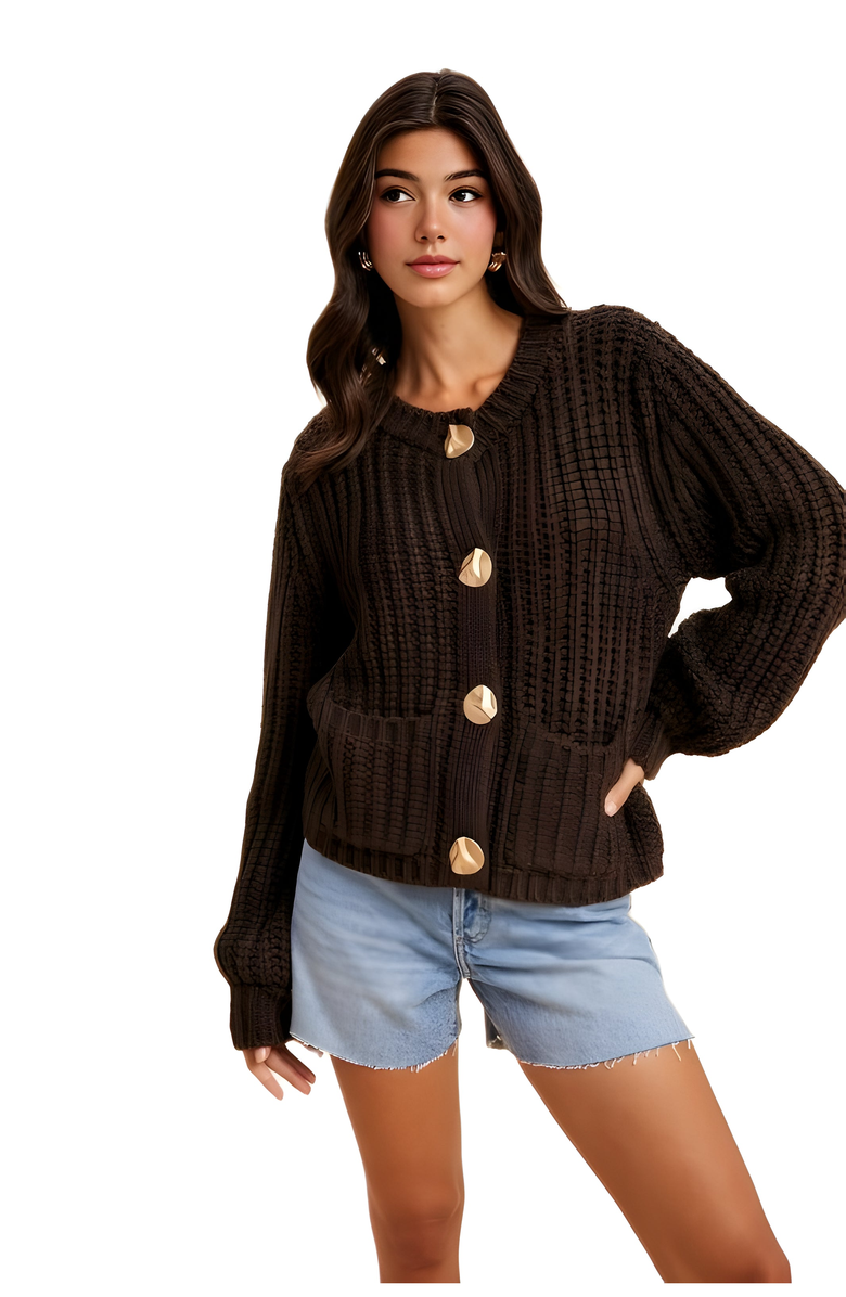 Knit and Lounge Textured Chunky Knit Cardigan with Statement Buttons, Alternate, color, 