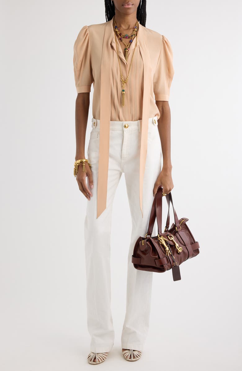 Chloé Tie Neck Short Sleeve Silk Crêpe de Chine Button-Up Shirt, Alternate, color, 