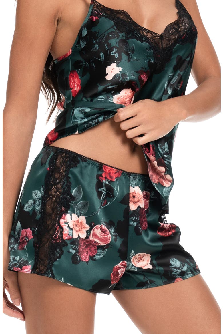 Lace Trim Satin Short Pajamas, Alternate, color, FOREST GREEN