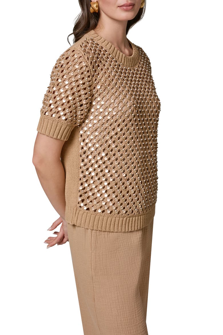 Pearl Detail Short Sleeve Sweater, Alternate, color, FAWN
