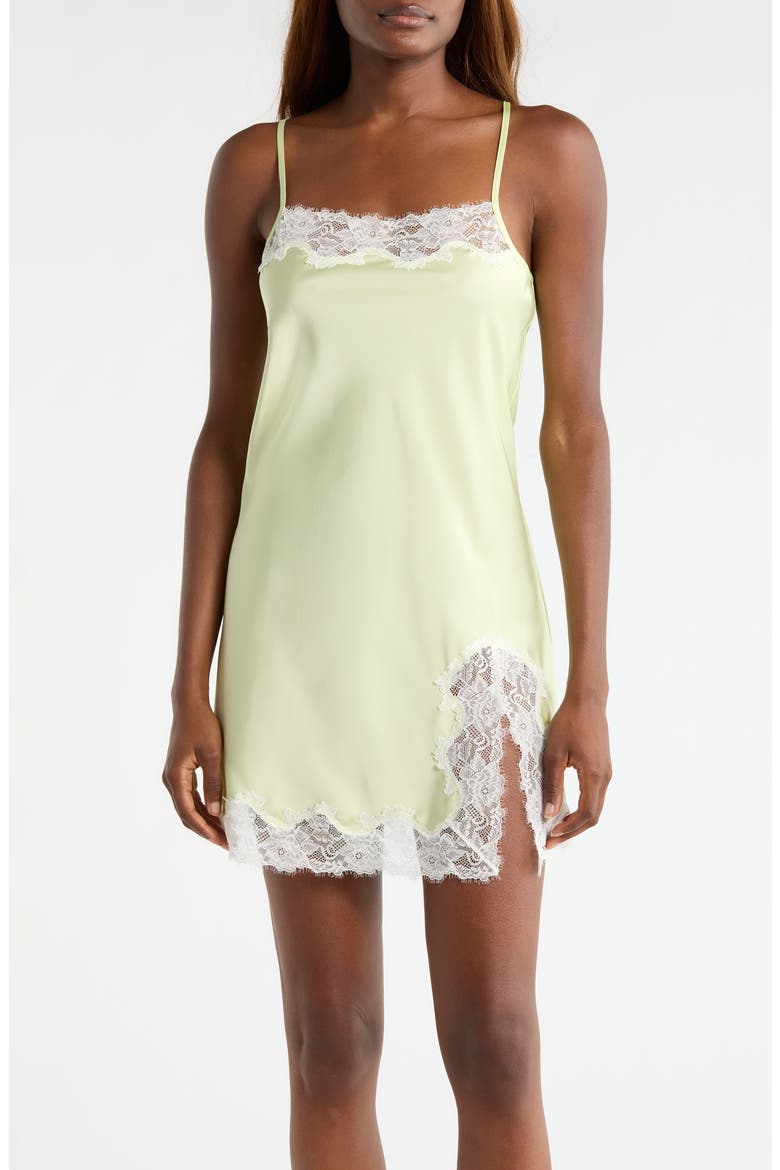 Lace Trim Satin Chemise, Main, color, GREEN FEATHER