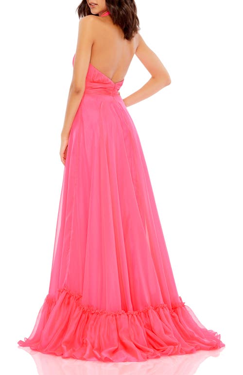 Mac Duggal High Neck Tiered Chiffon Halter Gown In Hot Pink