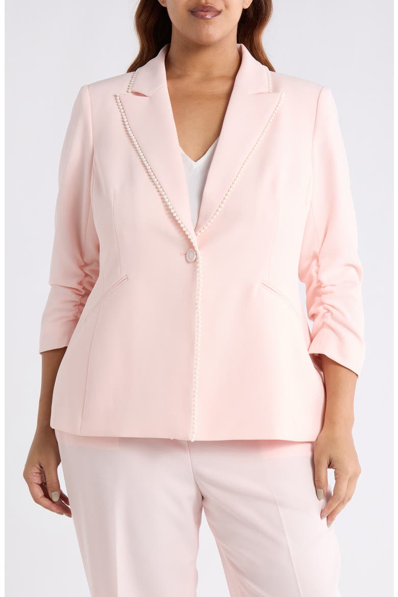 Faux Pearl Detail Ruched Sleeve Blazer, Alternate, color, TEA ROSE