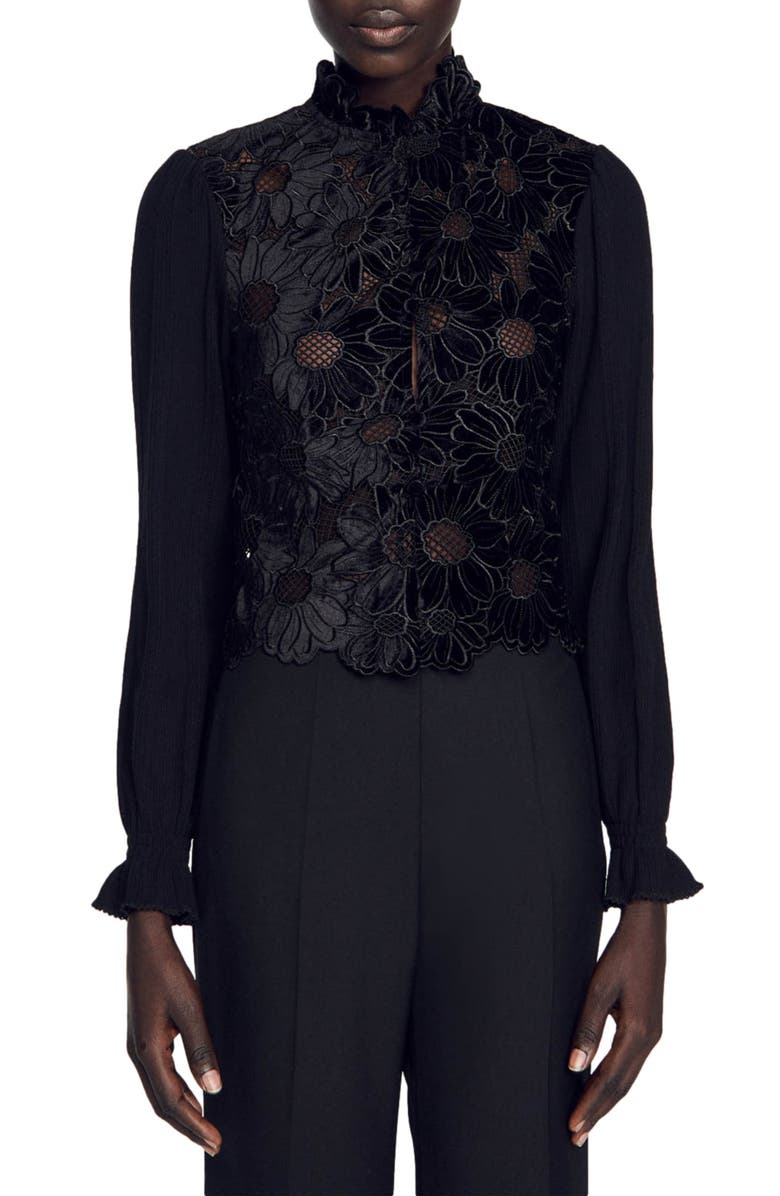 SANDRO May Floral Guipure Lace Mock Neck Velvet Top, Main, color, 