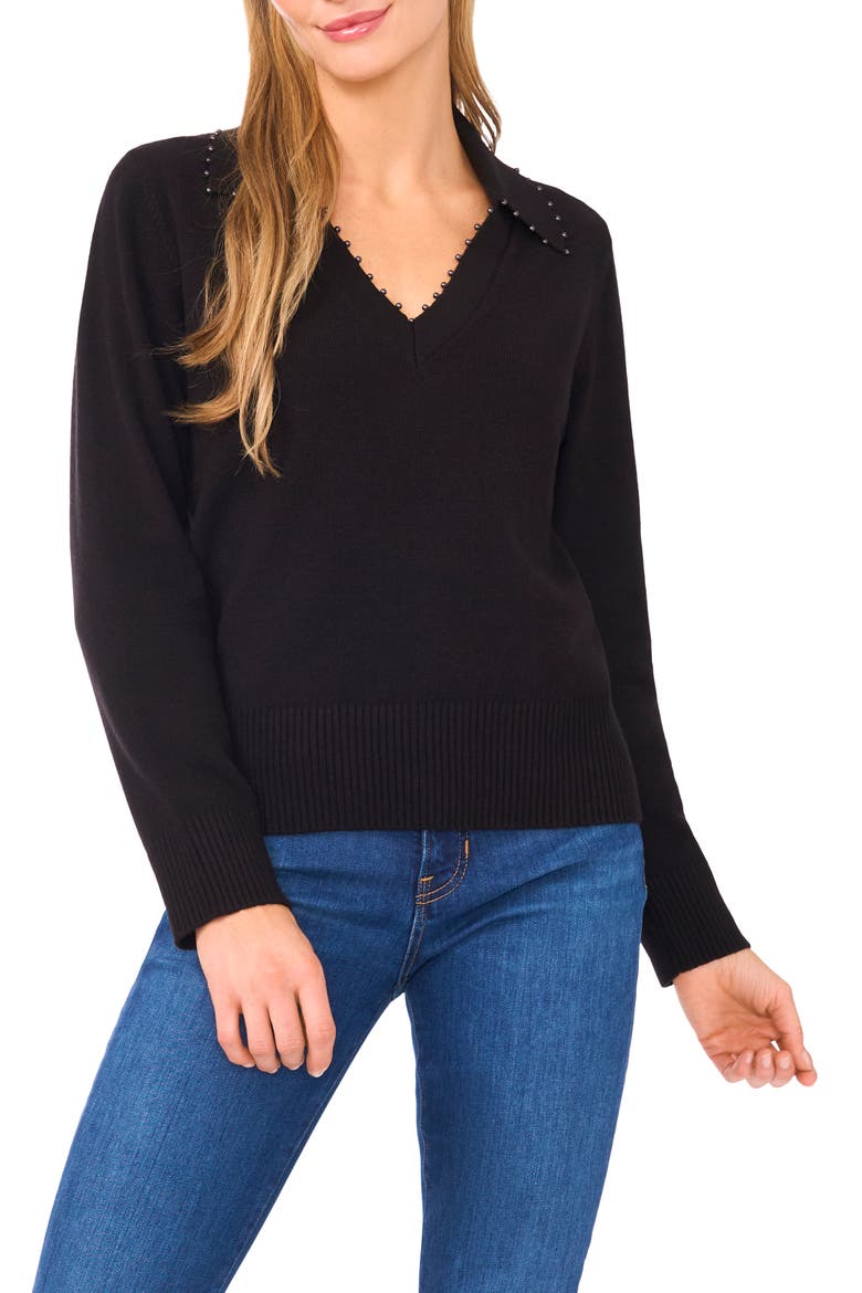 Bead Detail Polo Sweater, Main, color, RICH BLACK