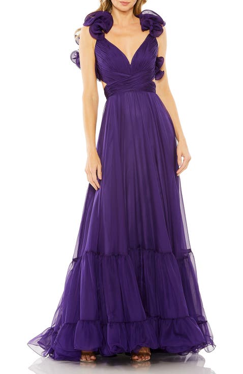【Mac Duggal】パープルフローラル刺繍オフショルダーガウン Purple Floral Embroidered Off The Shoulder A-line Gown | Mac