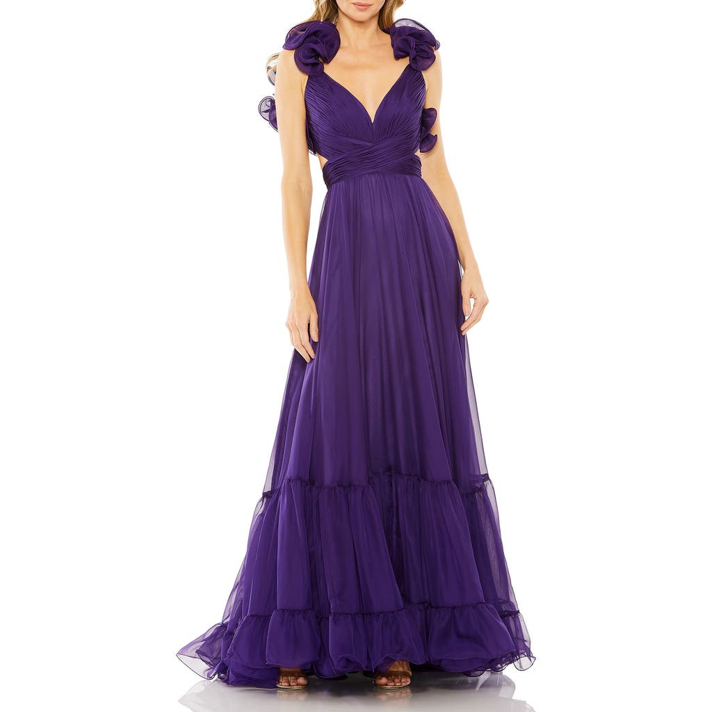 Mac Duggal Ruffle Tiered Cut-out Chiffon Gown In Royal Purple