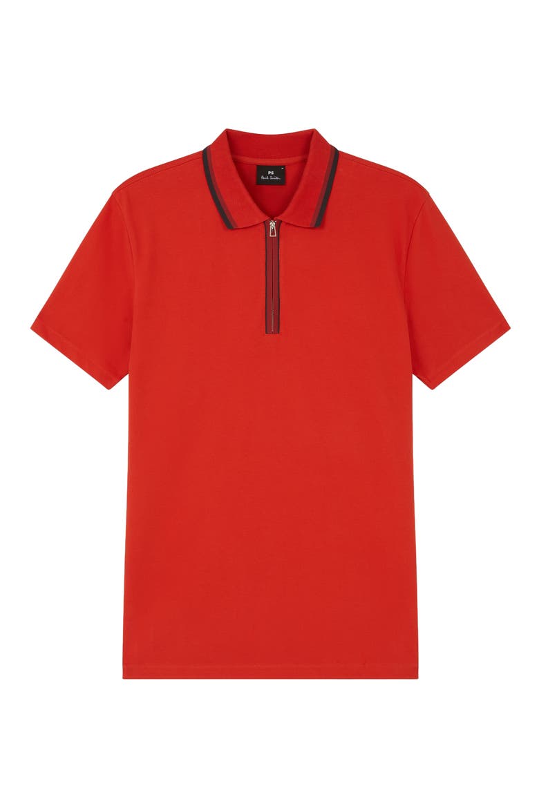 Regular Fit Tipped Cotton Piqué Quarter Zip Polo, Main, color, CORAL RED