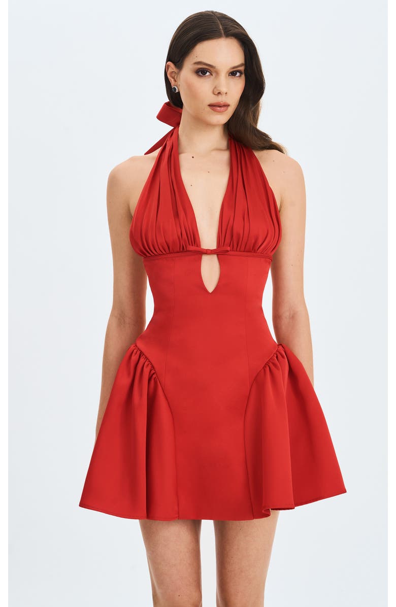 Miss Circle Peyton Plunging Halter Keyhole Mini Dress, Main, color, Ruby