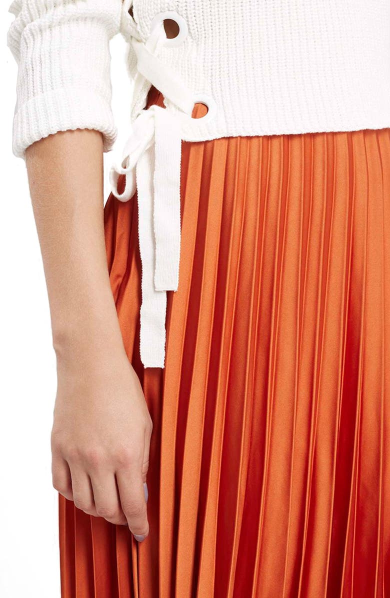 Topshop Pleated Satin Midi Skirt, Alternate, color, 