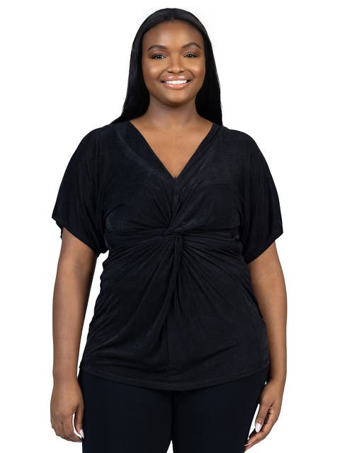 Plus Size V Neck Knot Front Cap Sleeve Top