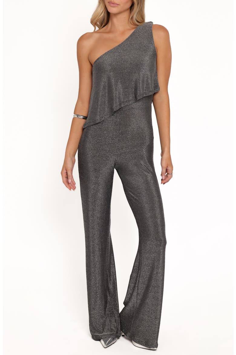 Anna Metallic One-Shoulder Flare Jumpsuit, Main, color, BLACK SILVER