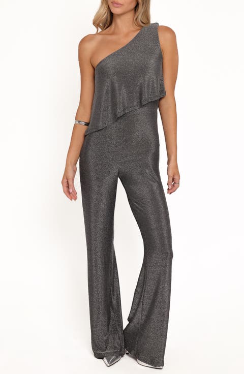 Anna Metallic One-Shoulder Flare Jumpsuit