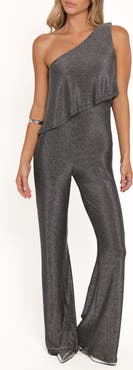 Petal & Pup Anna Metallic One-Shoulder Flare Jumpsuit