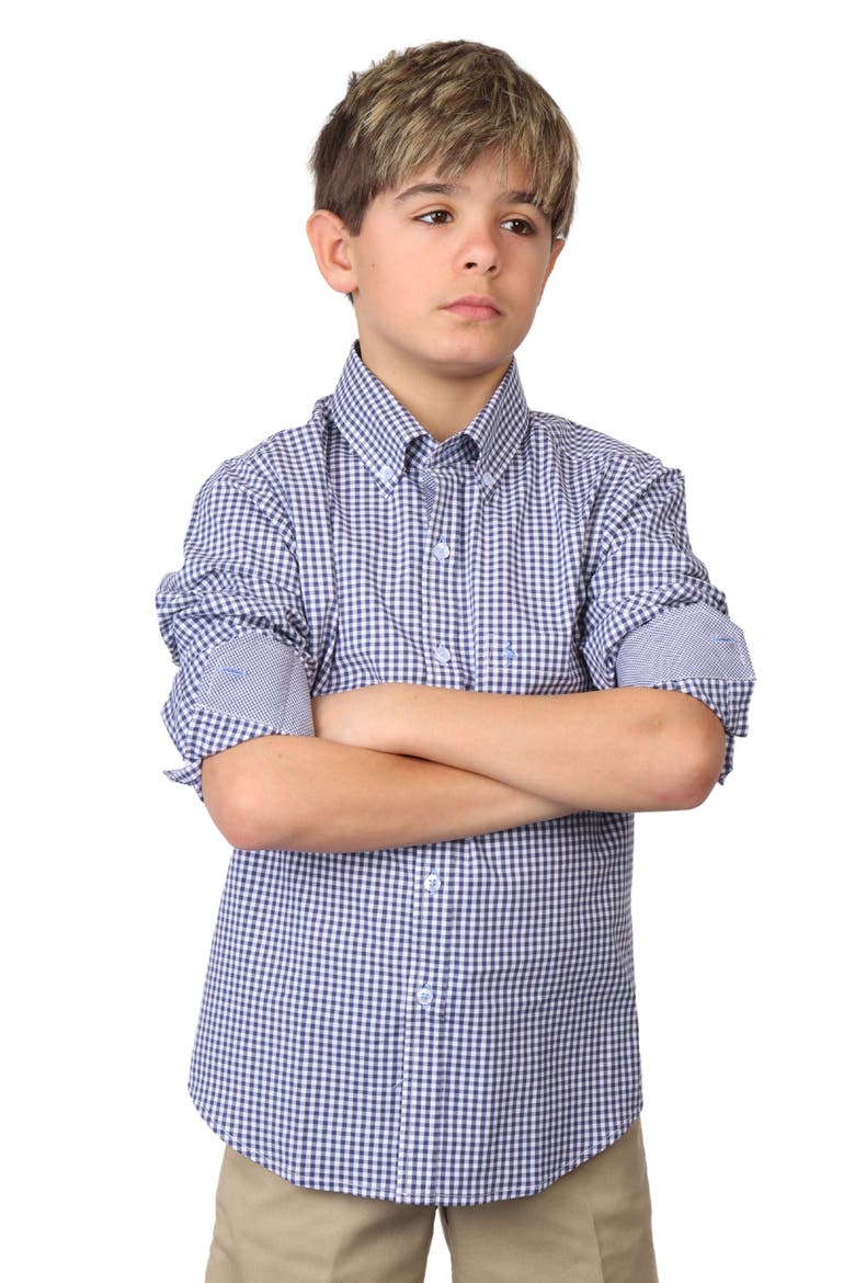 Kids' Micro Gingham Stretch Cotton Button-Up Shirt, Alternate, color, NAVY