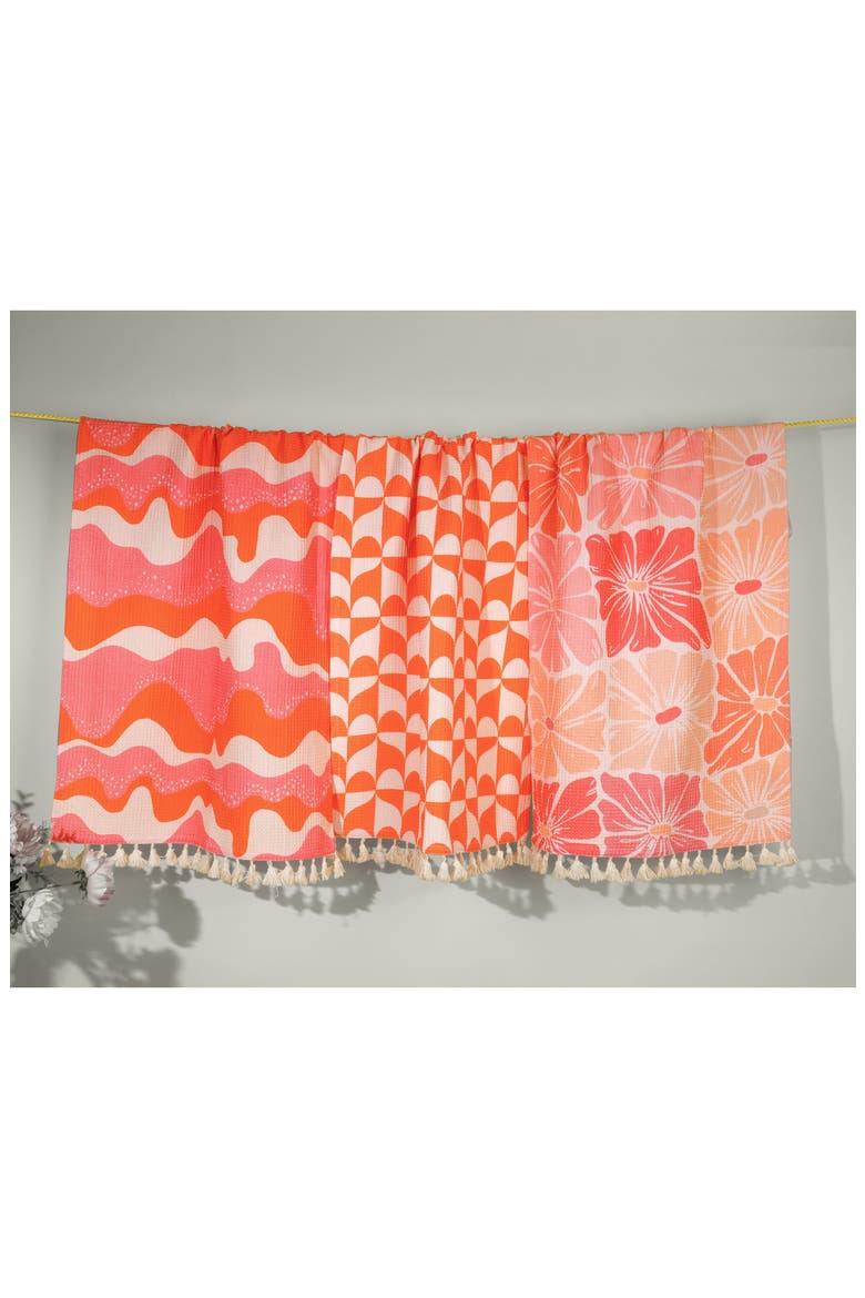 The Marrakesh Mod Set of 3 Cotton Waffle Kitchen Towels, Alternate, color, HOT PINK/ ORANGE