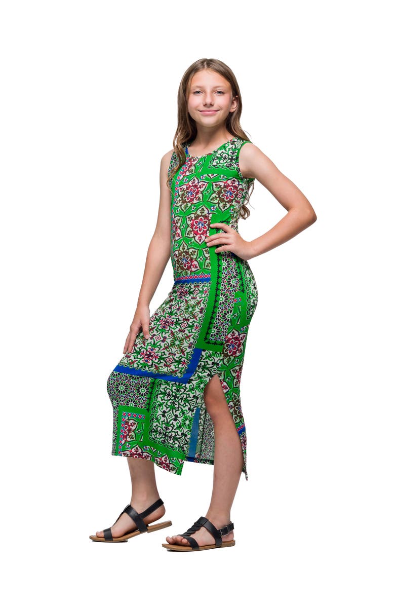 24sevenKid Green Scarf Print Side Slit Maxi Dress, Alternate, color, Green Multi