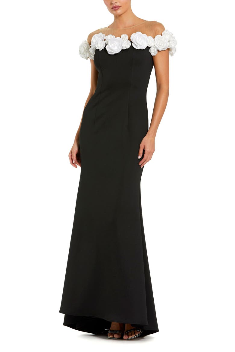 Stretch Crepe Mermaid Gown With 3D Flowers, Main, color, Black Cream