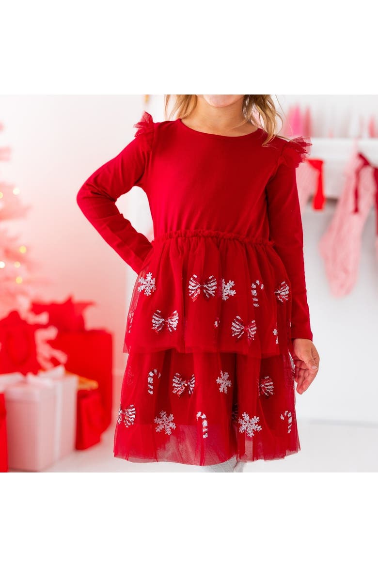 Peppermint Swirl Sequin Christmas Long Sleeve Tutu Dress, Alternate, color, Red