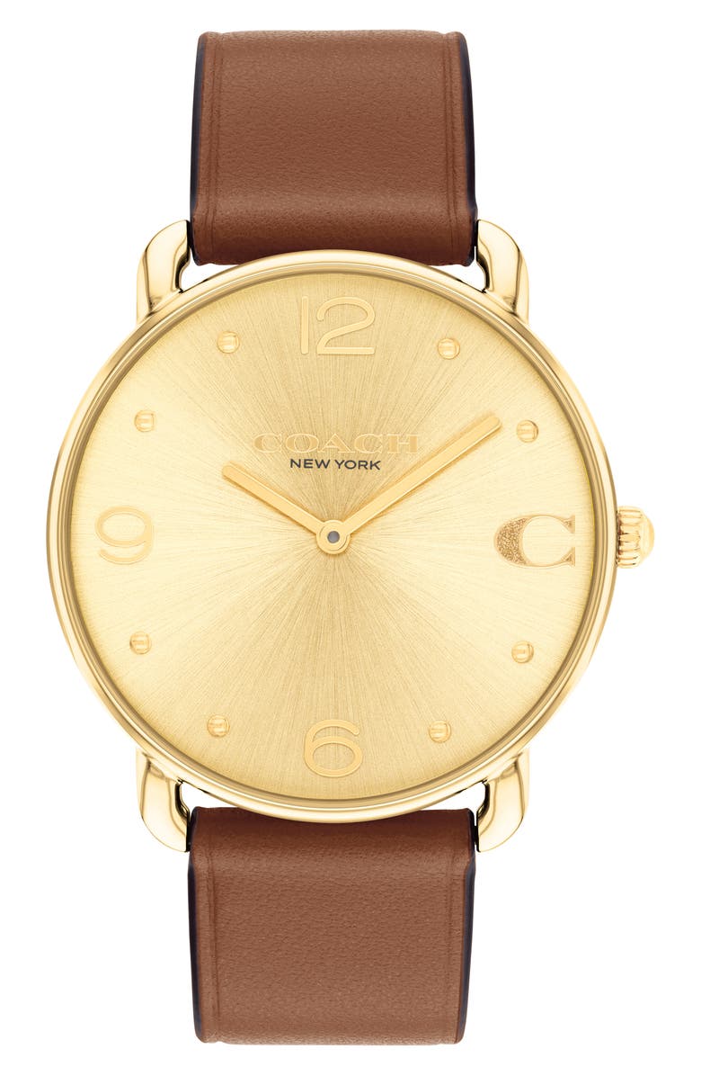 COACH Elliot Leather Strap Watch, 36mm, Main, color, Gold