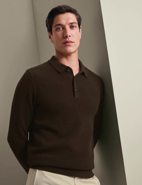 Knit Texture Long Sleeve Cotton Polo