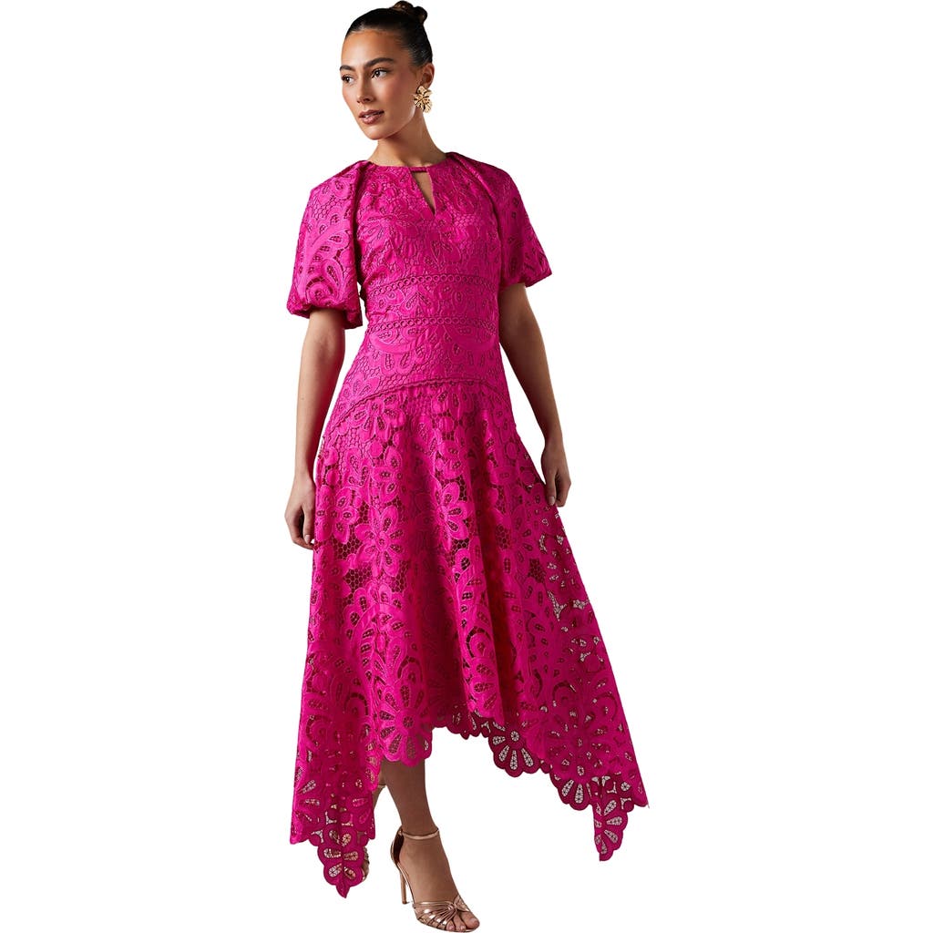 Coast Lace Hanky Hem Puff Sleeve Dress In Pink