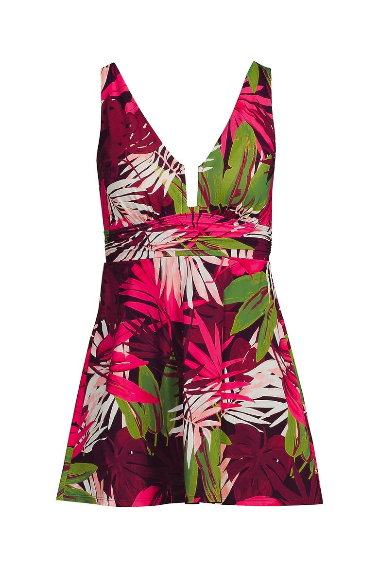 Slender Suit Shine U-Wire Swim Dress Swimsuit, Alternate, color, Dark Wine Multi Tropical Palm