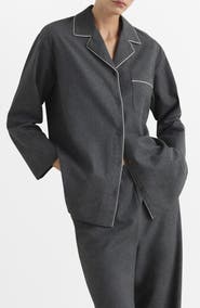 MANGO Contrast Piping Mélange Cotton Flannel Pajama Top