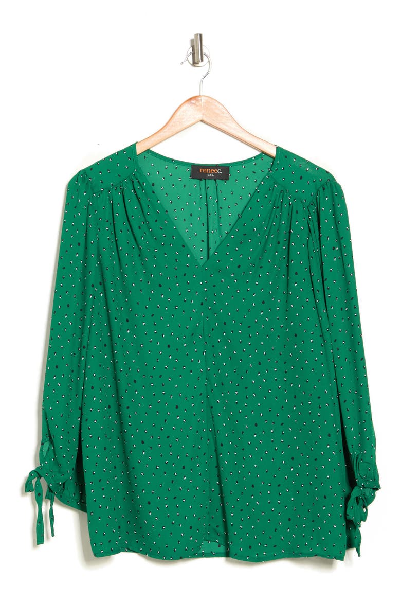 Tie Cuff V-Neck Blouse, Alternate, color, GREEN