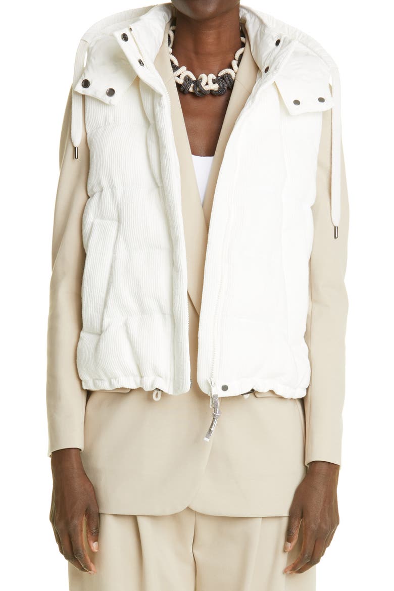 Linen Blend Hooded Down Vest, Main, color, BIANCO