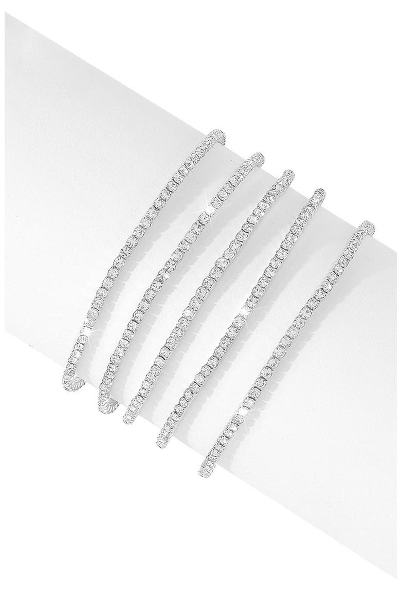 Set of 5 Crystal Tennis Stretch Bracelets, Main, color, SILVER