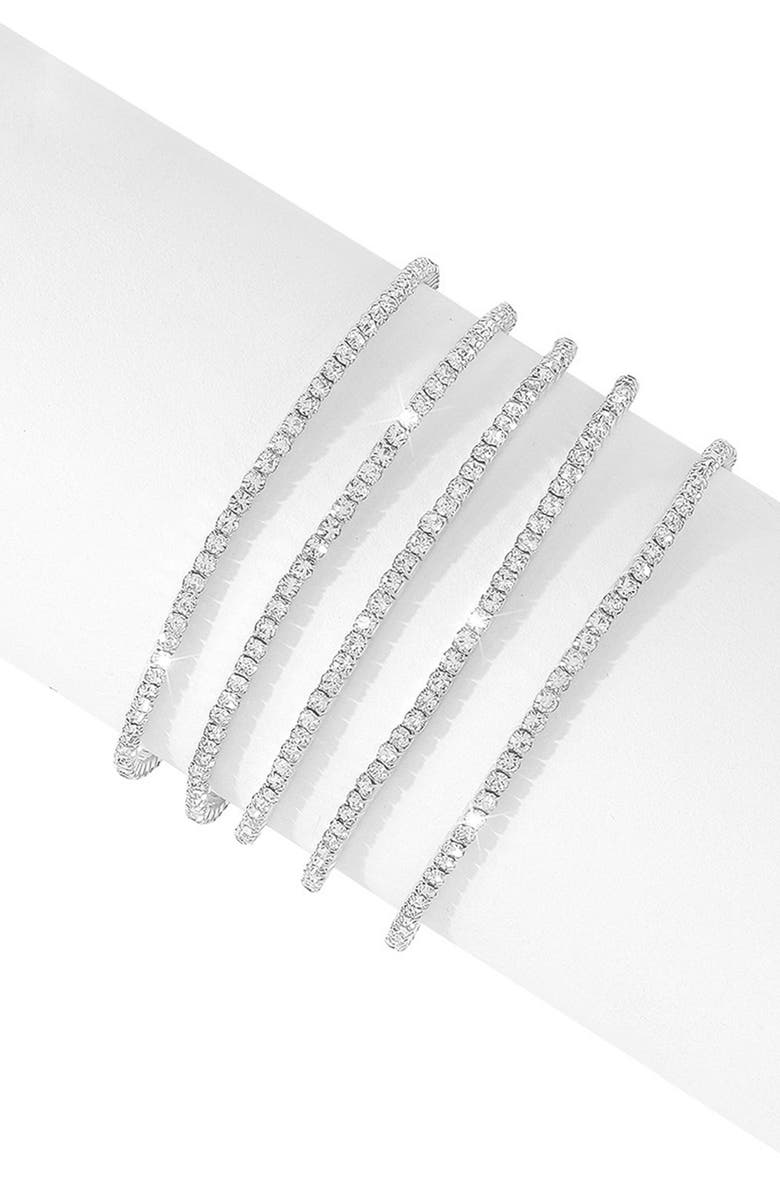 Adornia Set of 5 Crystal Tennis Stretch Bracelets, Main, color, Silver