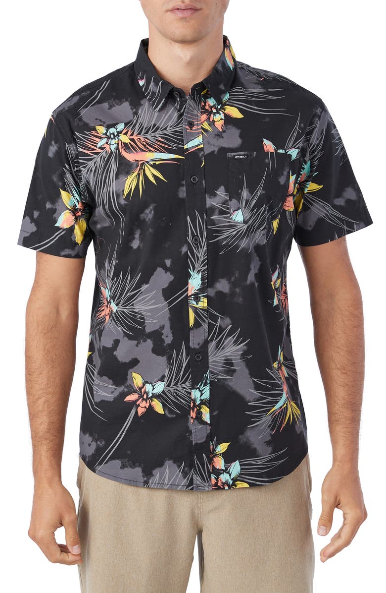 O'Neill Quiver Standard Fit Floral Short Sleeve Stretch Cotton Button-Up Shirt, Main, color,