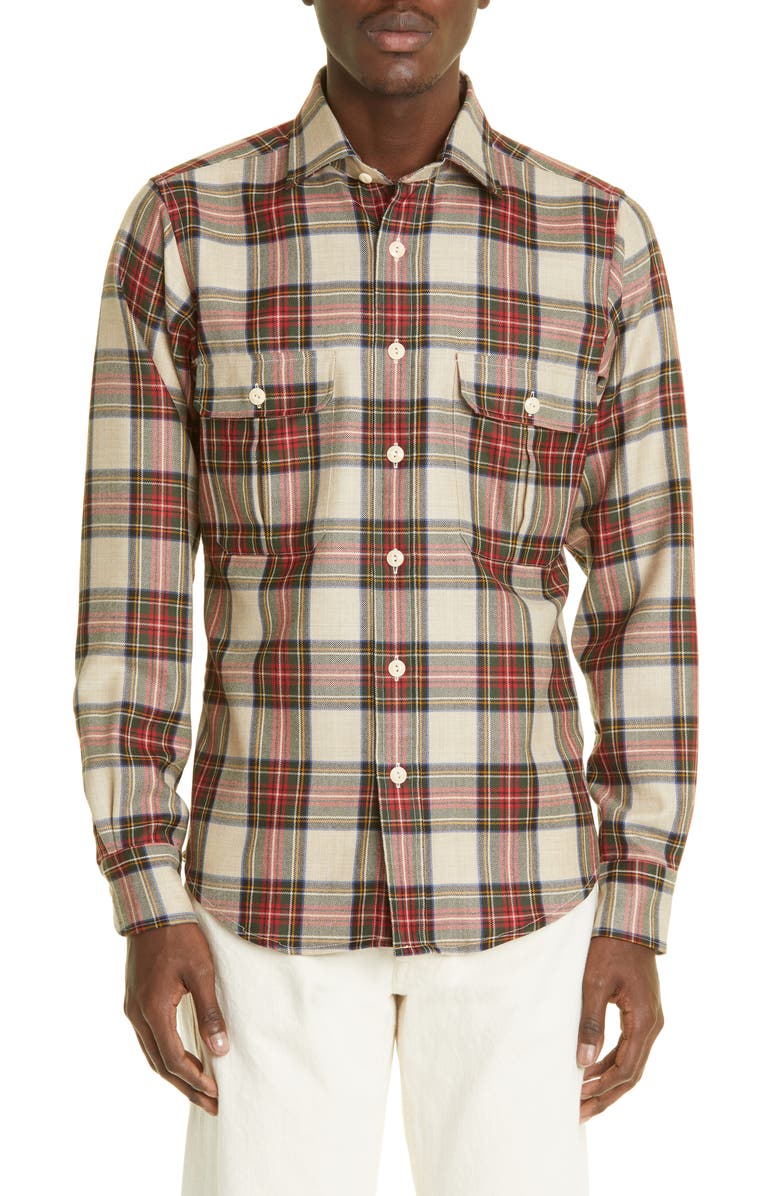 Drake's Plaid Virgin Wool Button-Up Work Shirt, Main, color, 