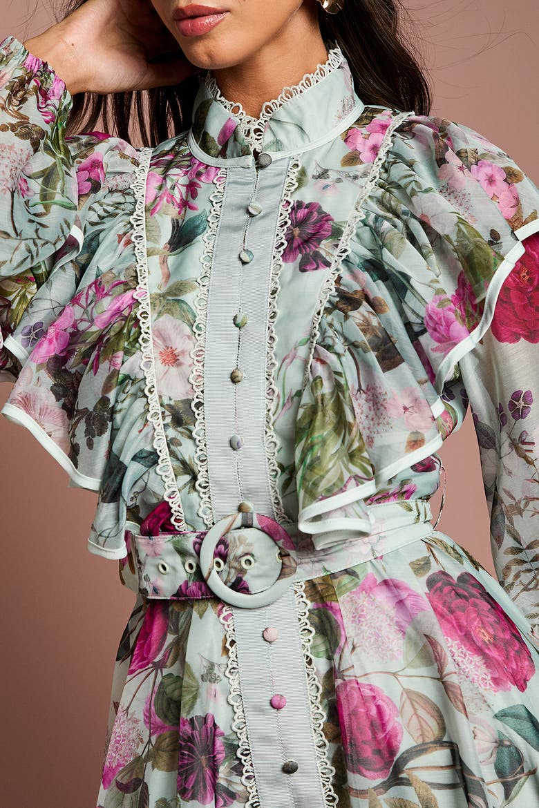 Long Sleeve Printed Organza Shirt Dress, Alternate, color, Sage
