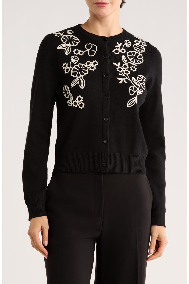 Floral Embroidered Crop Cardigan, Main, color, BLACK/ CREAM