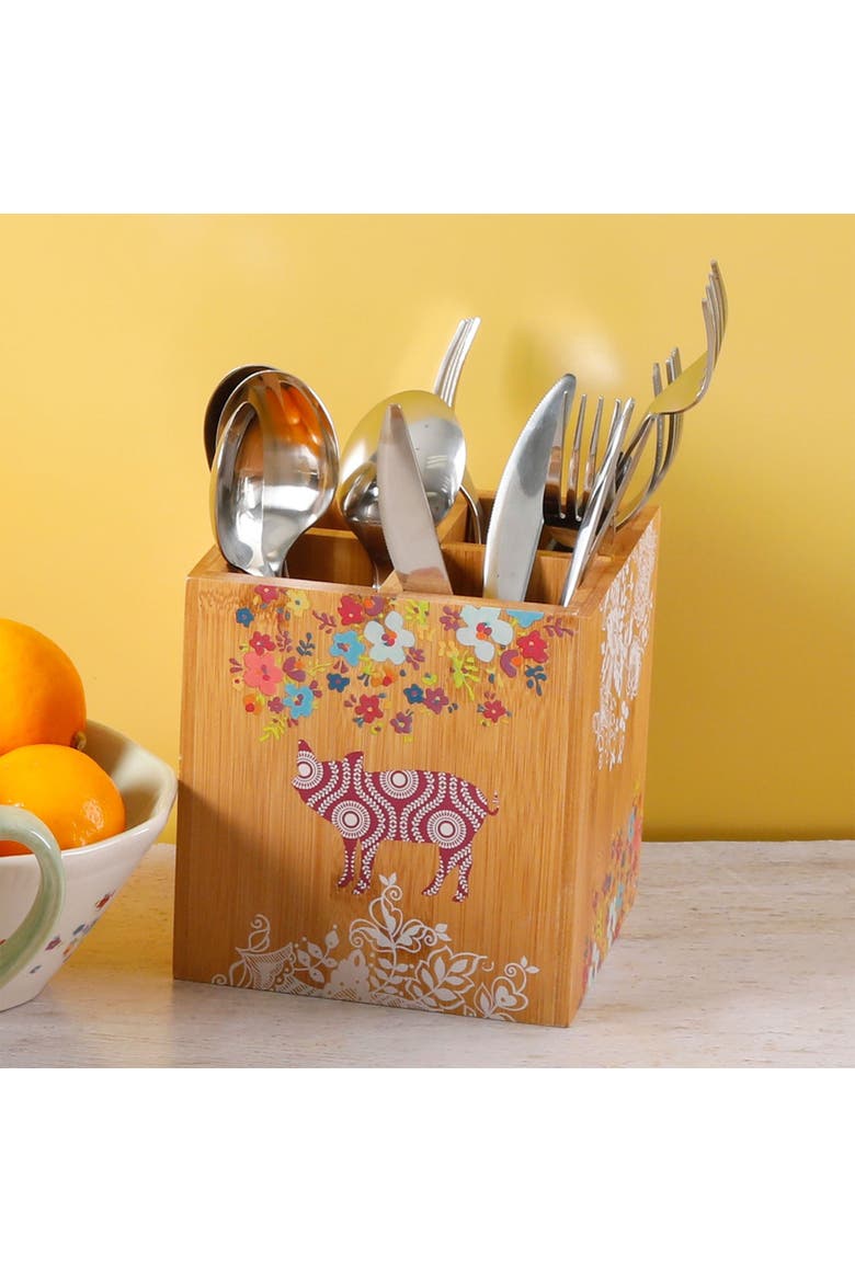 5.5" Square Wood Utensil Holder Animal Floral Print, Alternate, color, Brown