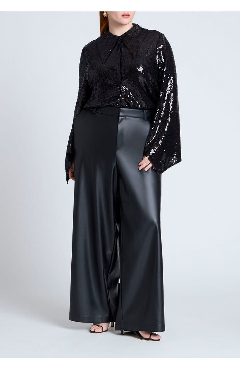 ELOQUII Flare Sleeve Sequin Button Down, Alternate, color, Black