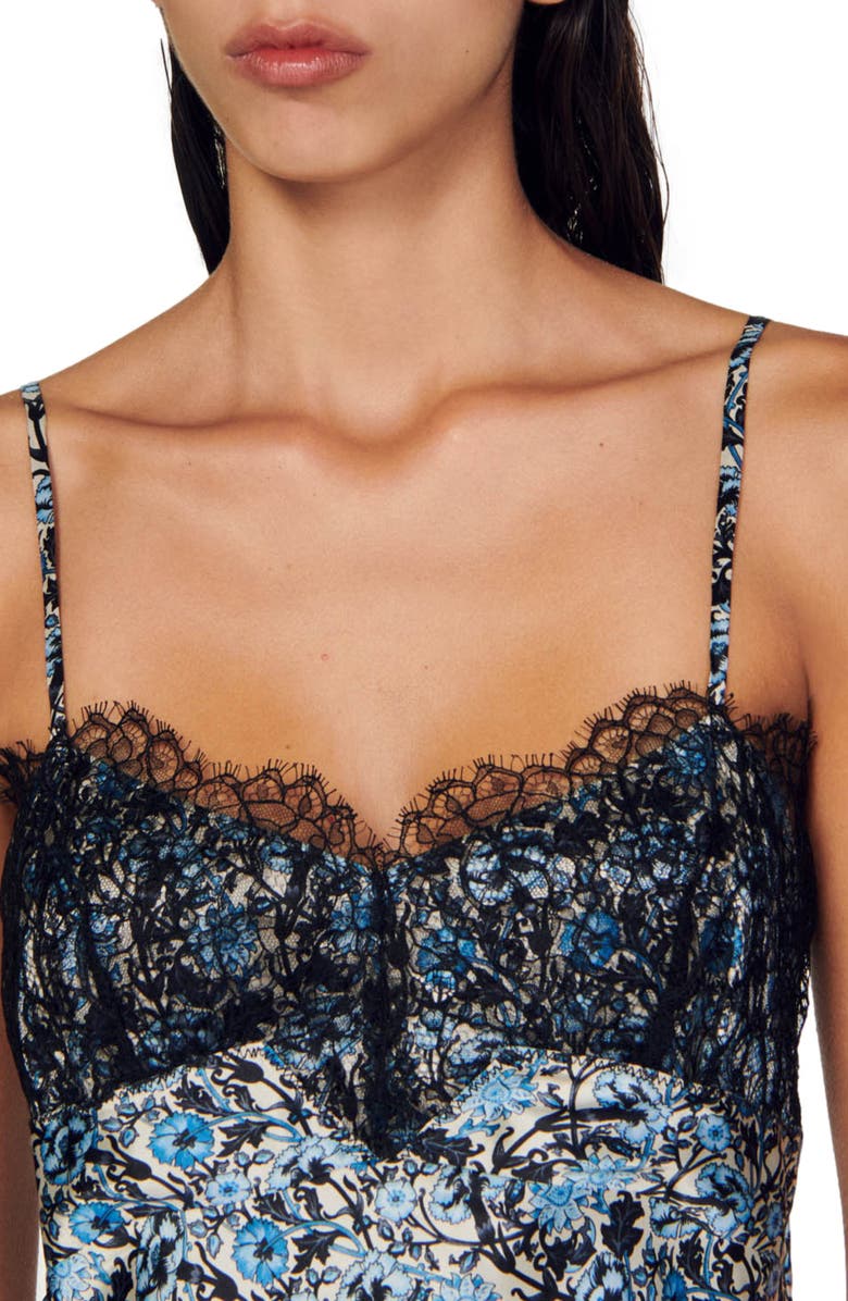 SANDRO Dantin Floral Lace Trim Satin Camisole, Alternate, color,