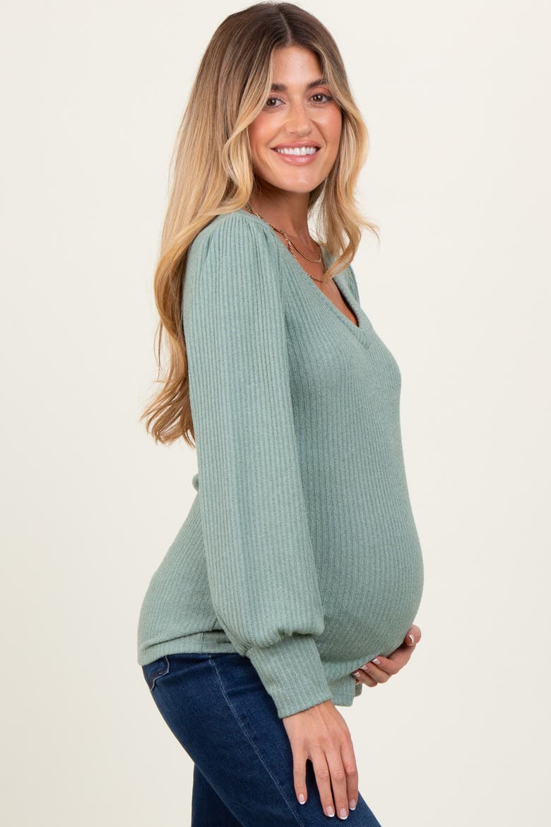 Ribbed Knit V-Neck Button Cuff Top, Alternate, color, Light Olive